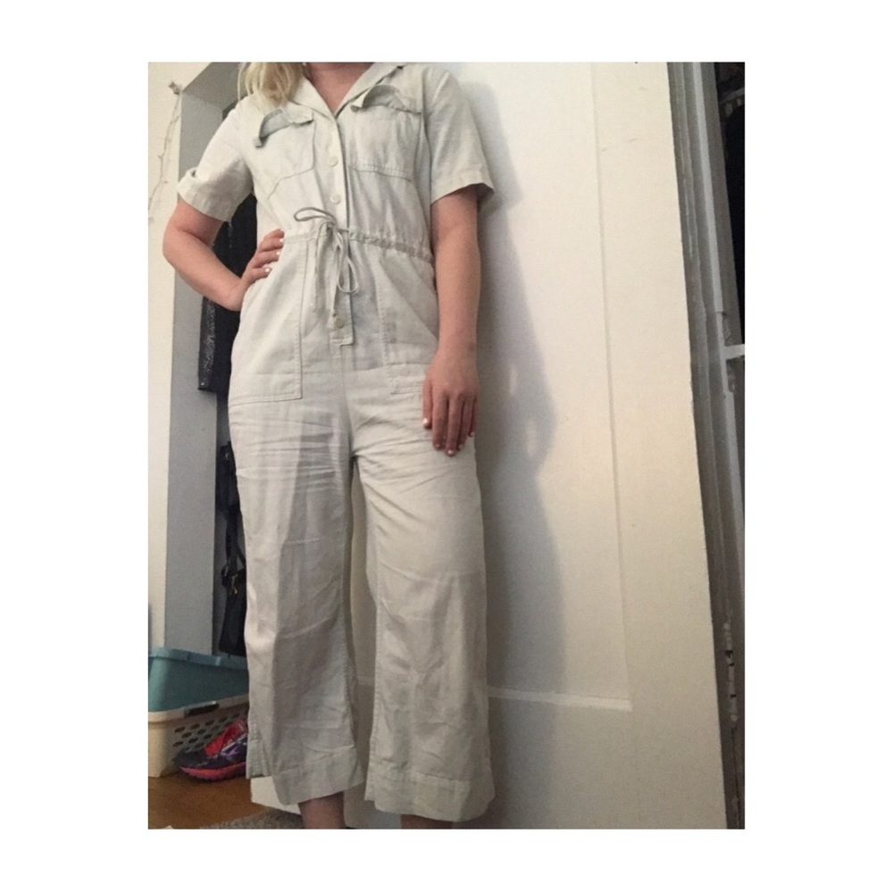 White Short Sleeve Collared Jumpsuit